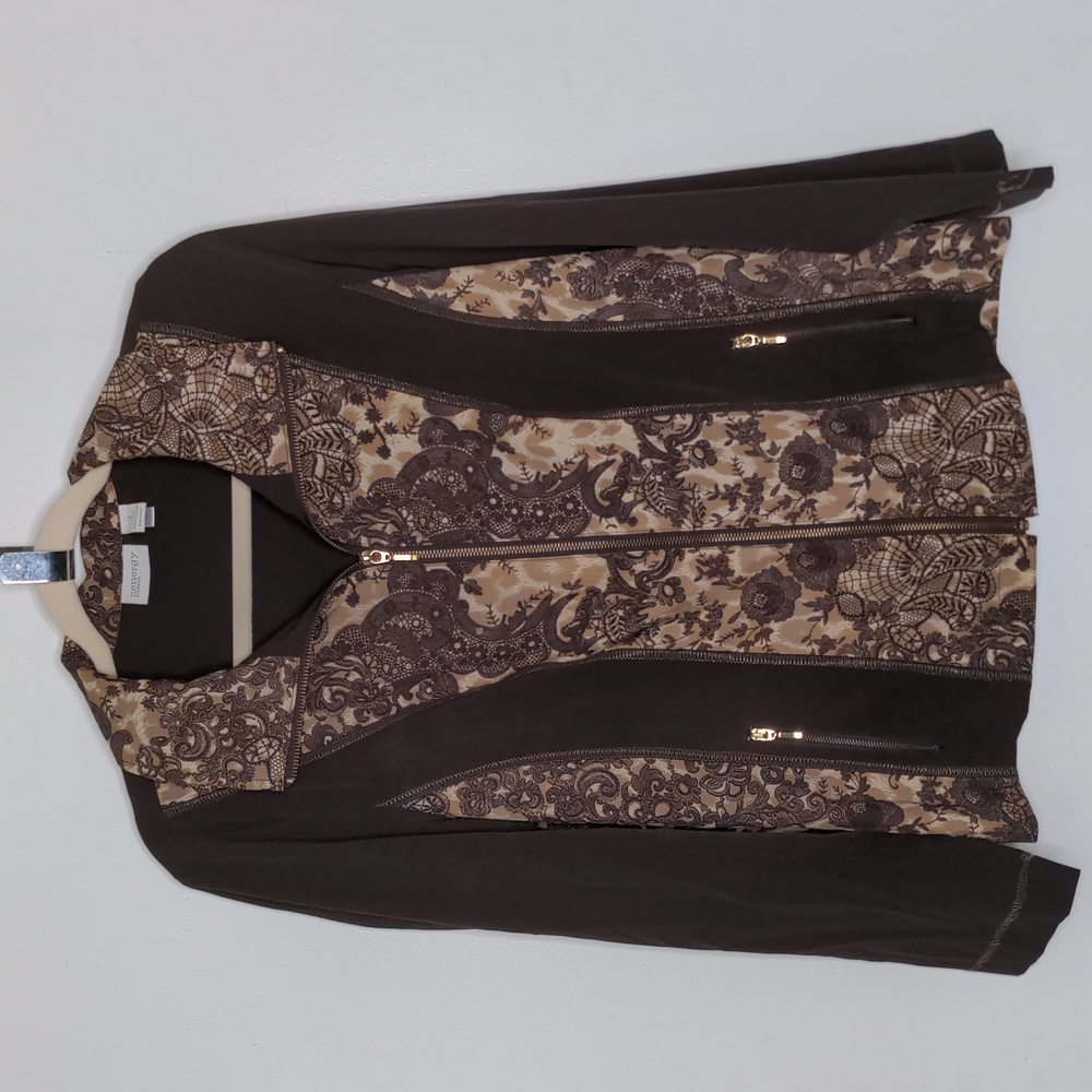 zenergy by Chico's brown gold lightweight lace leopard design jacket sz 1 medium